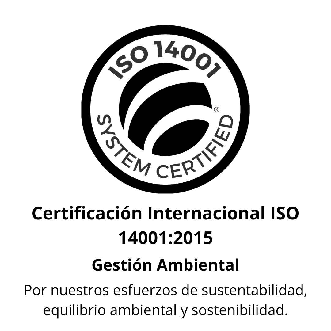 Logo en blanco y negro de ISO 14001 con texto Certificación Internacional 14001:2015