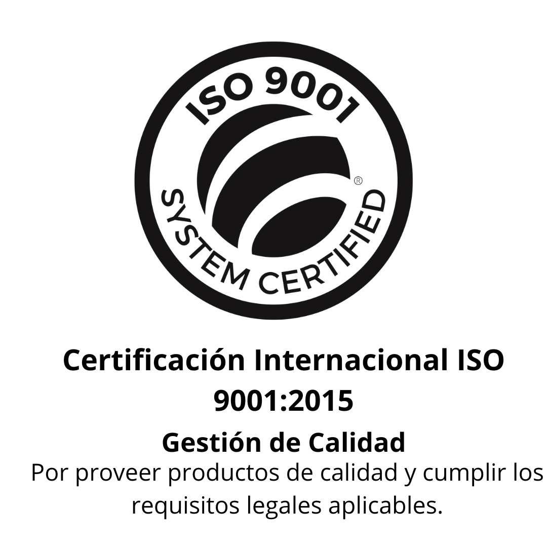 Logo ISO 9001 en blanco y negro con texto Certificación Internacional ISO 9001:2015